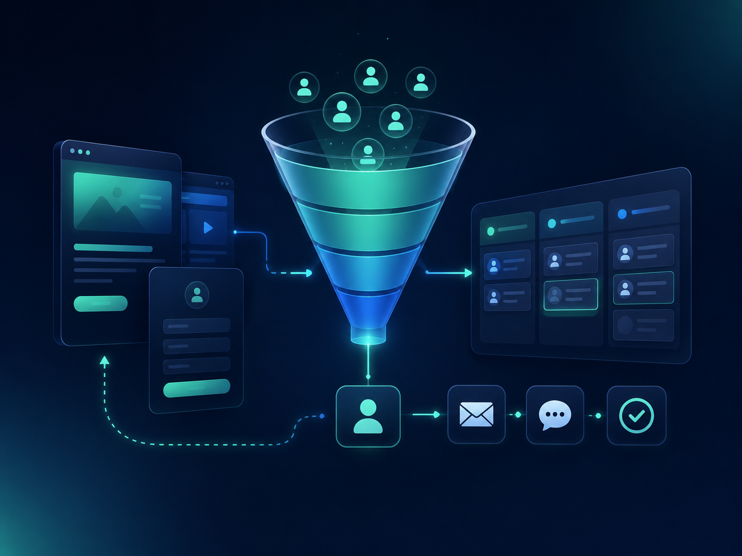 Service business lead funnel connecting landing pages, lead capture, CRM routing and automated follow-up
